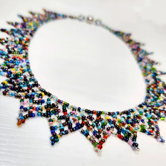 Handcrafted Glass Seed Bead Collar Necklace Rainbow Lace Sunburst Pattern 16" - Picture 10 of 10